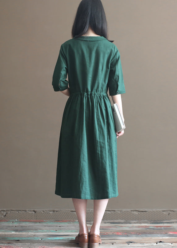 Green Drawstring Peter Pan Collar Linen Long Dress Half Sleeve