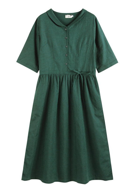 Green Drawstring Peter Pan Collar Linen Long Dress Half Sleeve