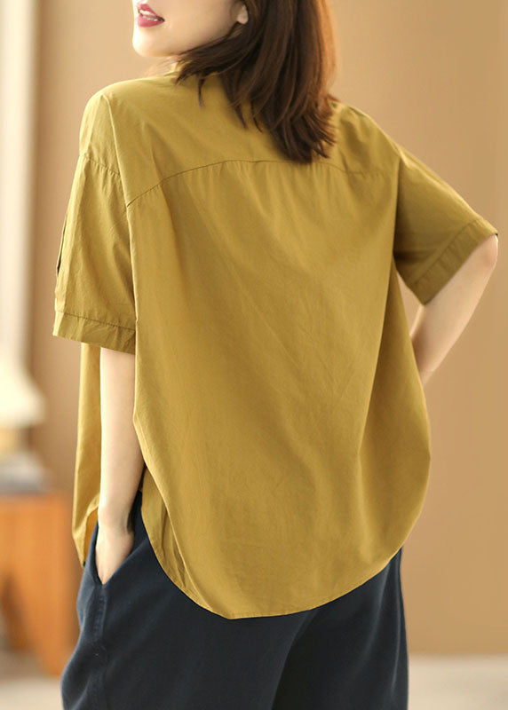 Khaki Peter Pan Collar Patchwork Cotton Shirt Tops Short Sleeve