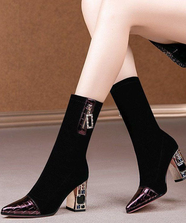 Splicing Chunky Boots Colorblock Pointed Toe
