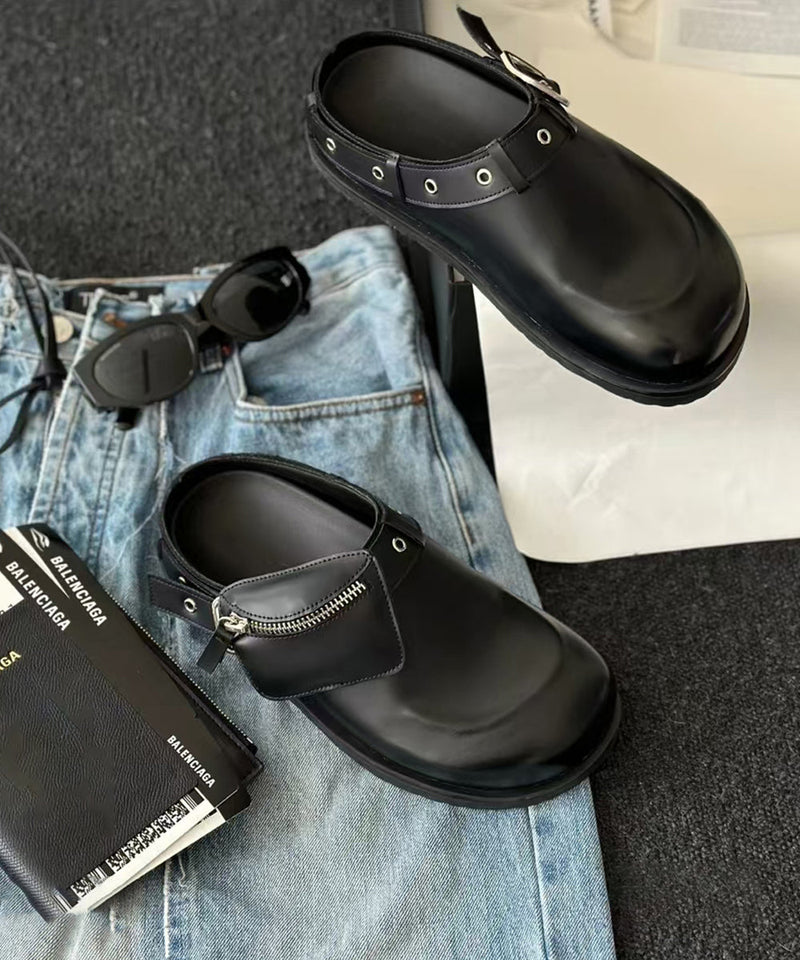 Splicing Platform Black Cowhide Leather Slide Sandals