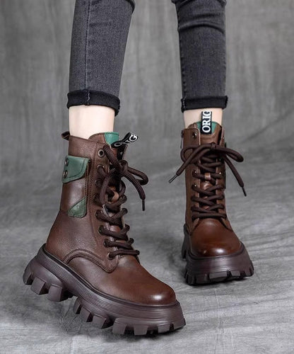 Splicing Platform Boots Black Cowhide Leather Lace Up