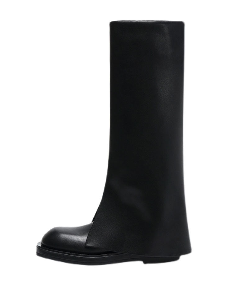 Splicing Platform Boots Black Cowhide Leather