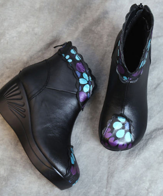 Splicing Wedge Boots Blue Cowhide Leather