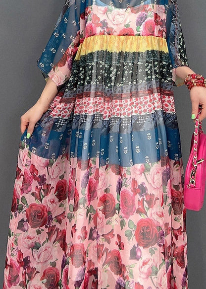 Square Collar Print Chiffon Long Dresses Short Sleeve
