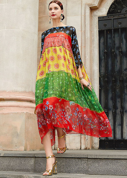 Square Collar Print Wrinkled Party Silk Long Dress Fall