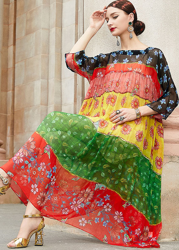 Square Collar Print Wrinkled Party Silk Long Dress Fall