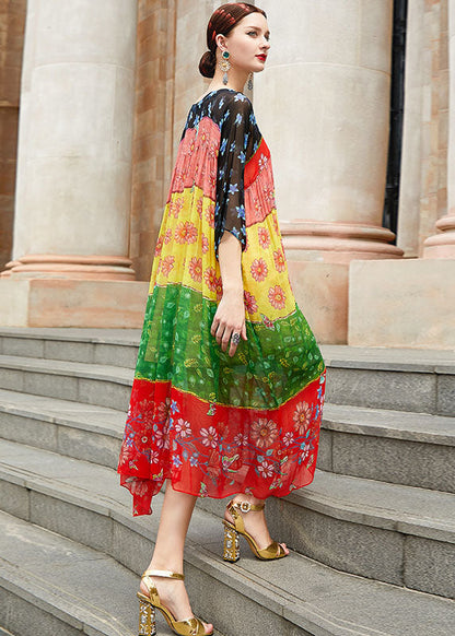 Square Collar Print Wrinkled Party Silk Long Dress Fall