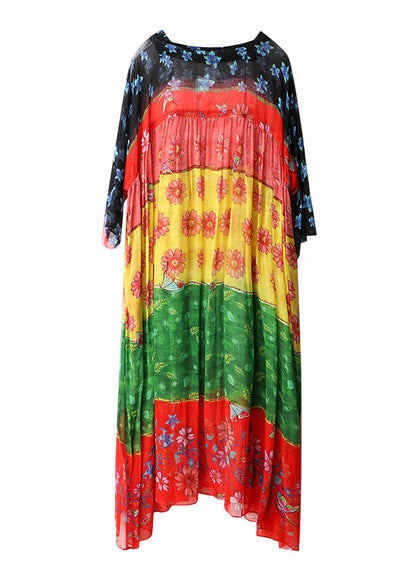 Square Collar Print Wrinkled Party Silk Long Dress Fall