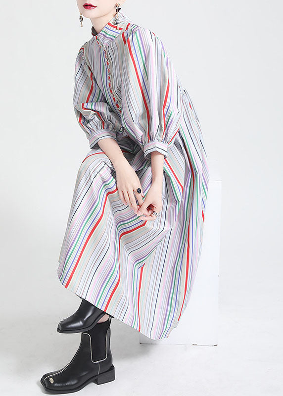 Stand Collar Multi Striped Puff Sleeve Cotton Party Dress