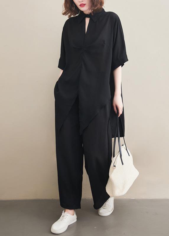 Suit Spring Loose Black Chiffon Shirt Quarter Wide Leg Pants