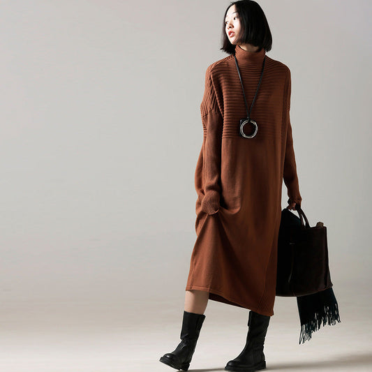 Sweater Dress Outfit Classy High Neck Cinched Brown Mujer Knit Dress