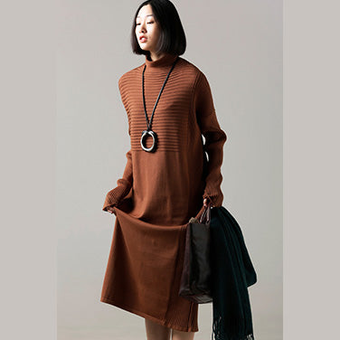 Sweater Dress Outfit Classy High Neck Cinched Brown Mujer Knit Dress