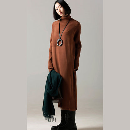 Sweater Dress Outfit Classy High Neck Cinched Brown Mujer Knit Dress