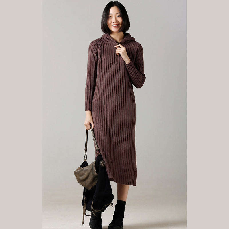 Sweater Weather Hooded Side Open Brown Largo Knitted Dress