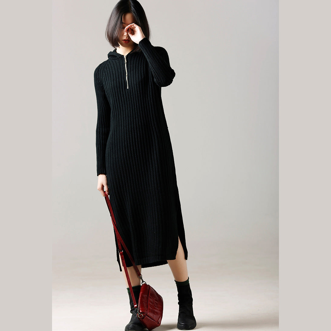 Sweater Weather Hooded Side Open Brown Largo Knitted Dress