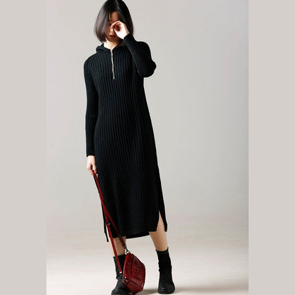 Sweater Weather Hooded Side Open Brown Largo Knitted Dress