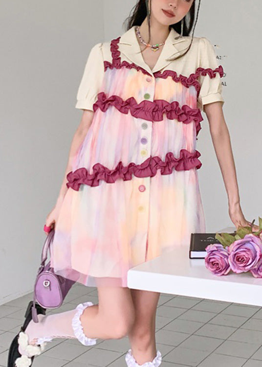 Turtleneck Patchwork Ruffled Button Tulle Shirts Dresses Summer
