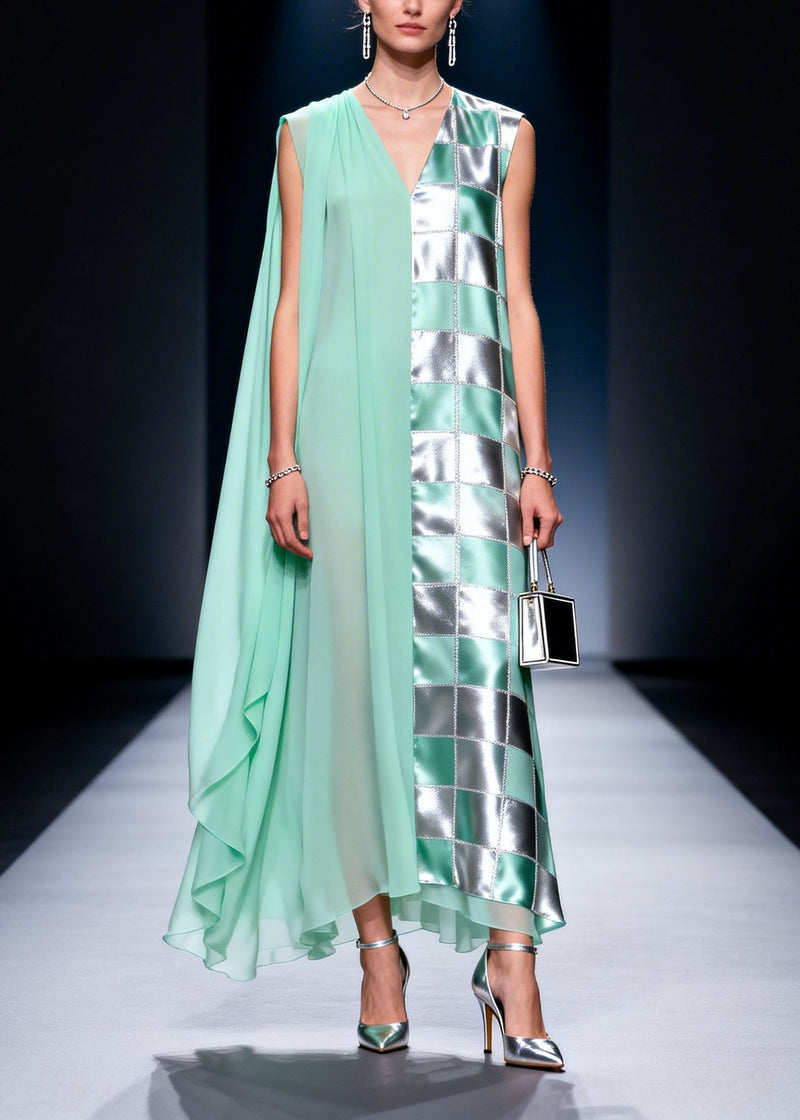 V Neck Plaid Print Chiffon Long Dress Summer