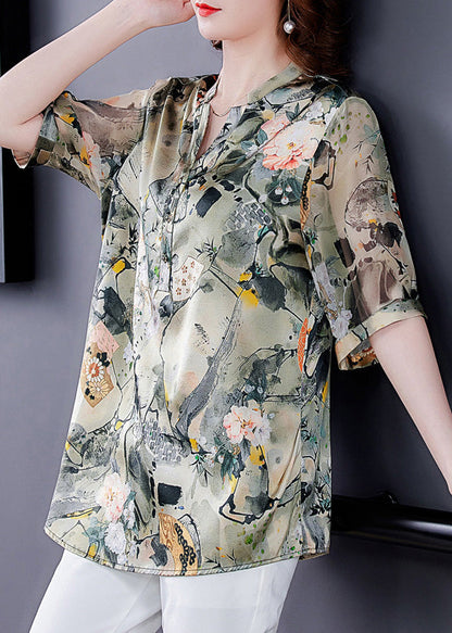 V Neck Print Button Silk Shirts Short Sleeve