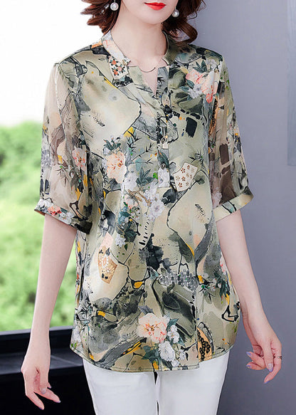 V Neck Print Button Silk Shirts Short Sleeve