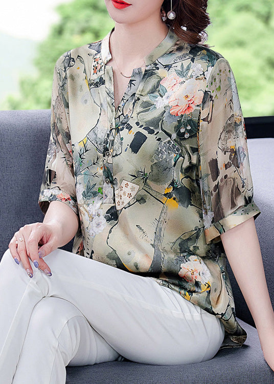 V Neck Print Button Silk Shirts Short Sleeve
