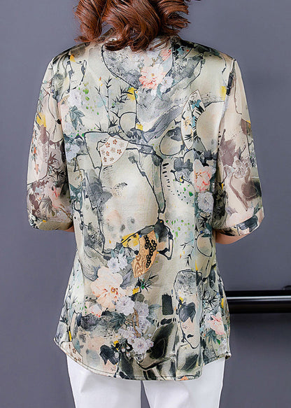 V Neck Print Button Silk Shirts Short Sleeve