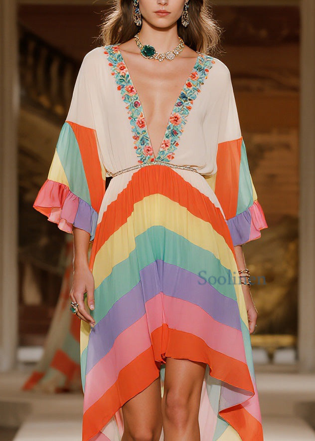 V Neck Print Low High Design Chiffon Dress Summer