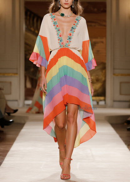 V Neck Print Low High Design Chiffon Dress Summer