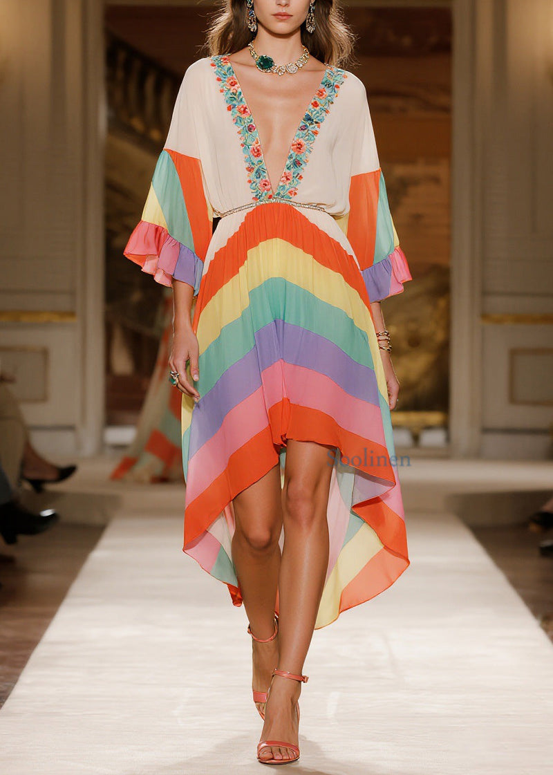 V Neck Print Low High Design Chiffon Dress Summer