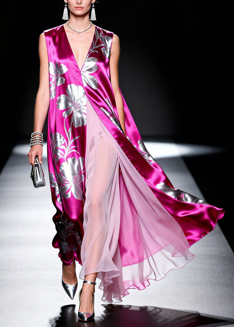 V Neck Print Patchwork Silk Dresses Sleeveless