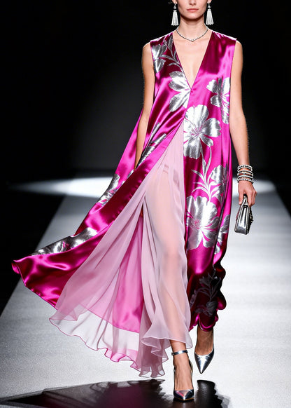 V Neck Print Patchwork Silk Dresses Sleeveless