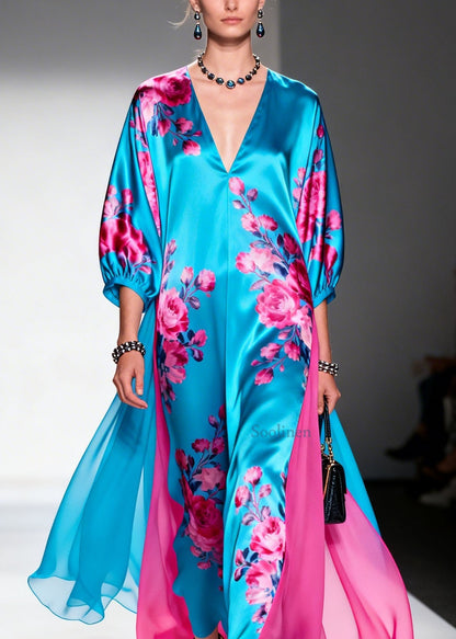 V Neck Print Patchwork Silk Long Dress Summer