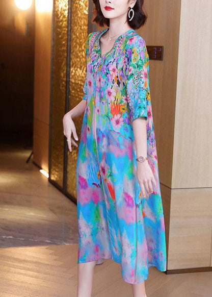 V Neck Print Silk Long Dresses Half Sleeve