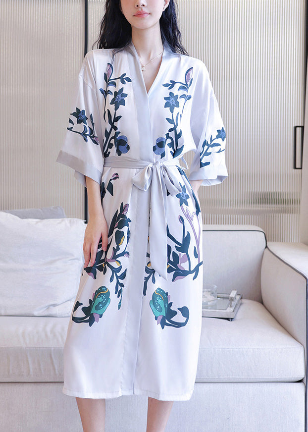 V Neck Print Tie Waist Ice Silk Maxi Robe Long Sleeve