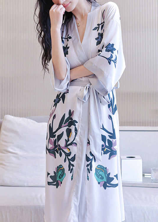 V Neck Print Tie Waist Ice Silk Maxi Robe Long Sleeve
