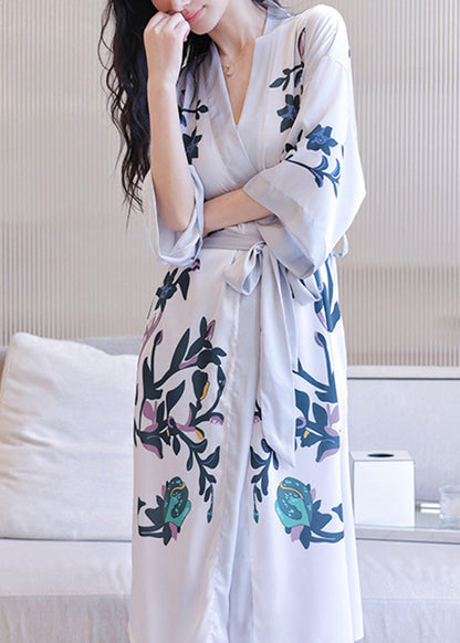 V Neck Print Tie Waist Ice Silk Maxi Robe Long Sleeve