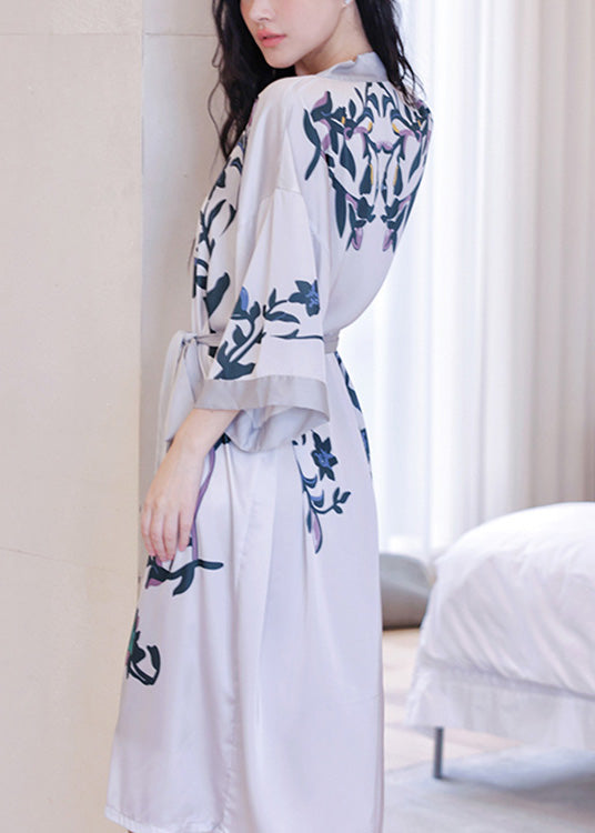 V Neck Print Tie Waist Ice Silk Maxi Robe Long Sleeve