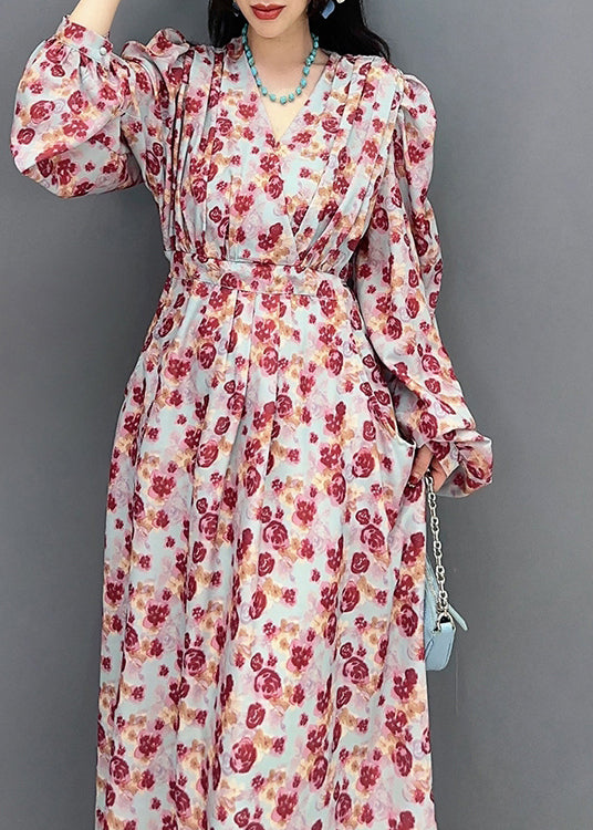 V Neck Print Tie Waist Long Dress Spring