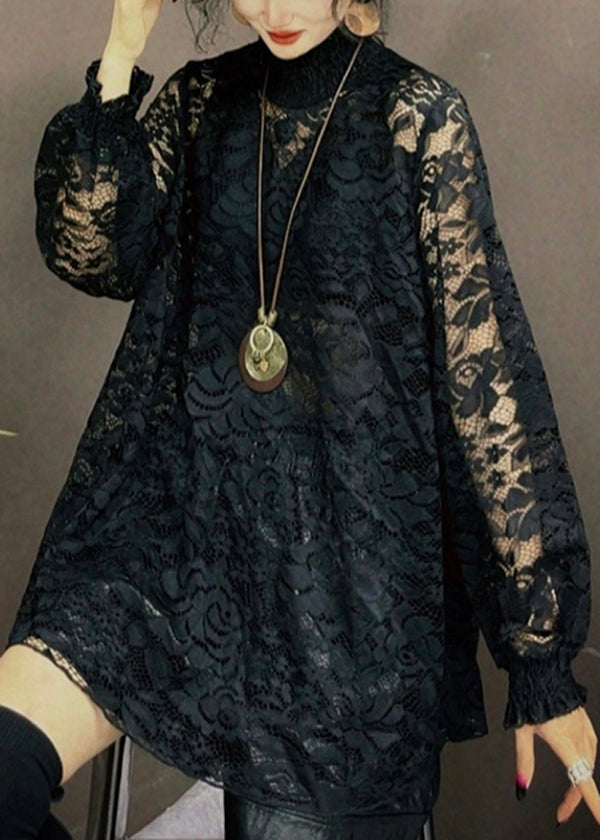 Versatile Korean Fit Long Sleeve Coffee Lace Top