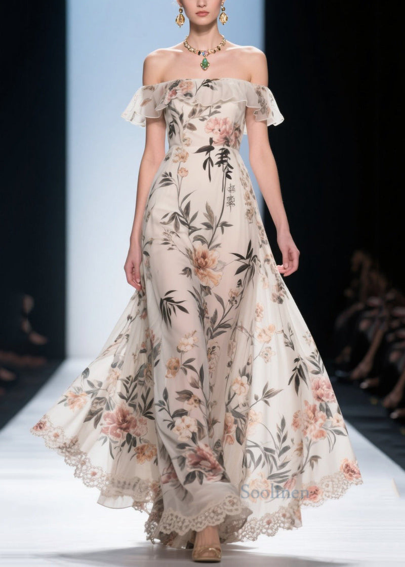 White Cold Shoulder Print Chiffon Maxi Dress Summer