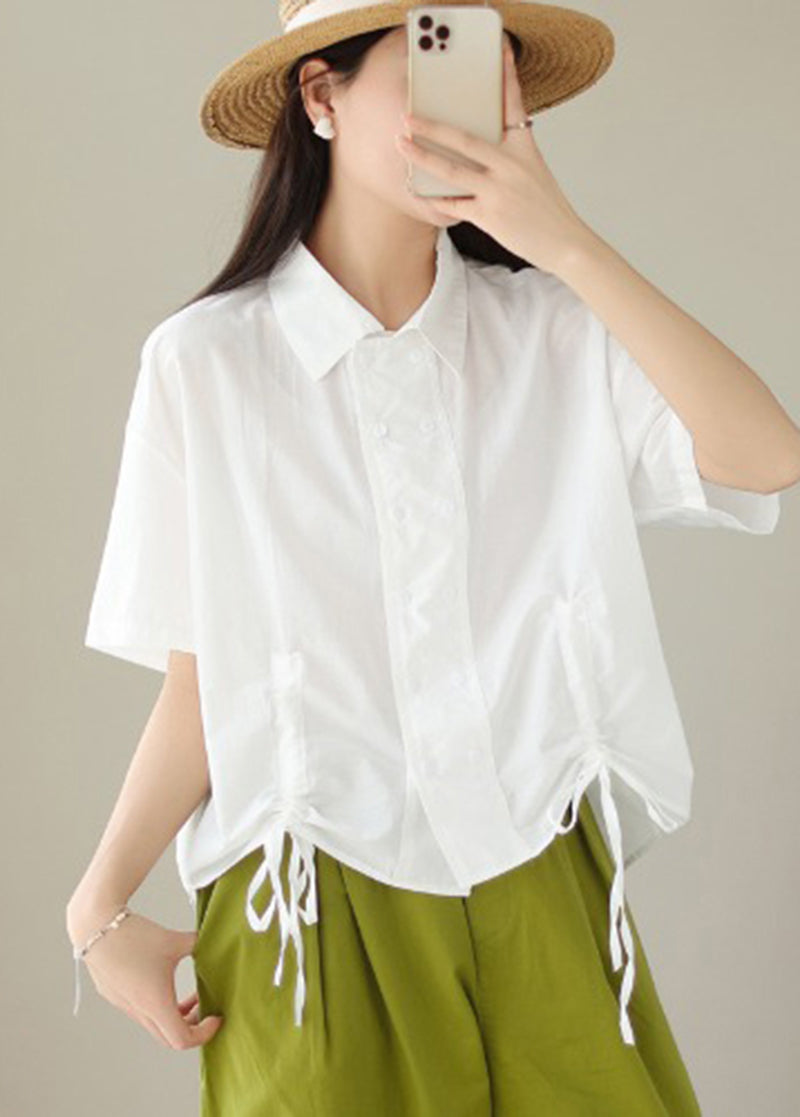 White Double Breast Drawstring Cotton Shirt Tops Summer