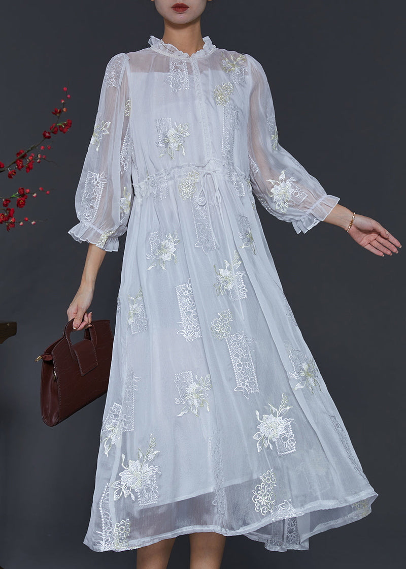 White Embroidered Silk Cinched Dresses Summer