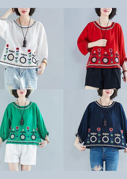 White Embroideried Batwing Sleeve Shirt Tops Summer Cotton Linen