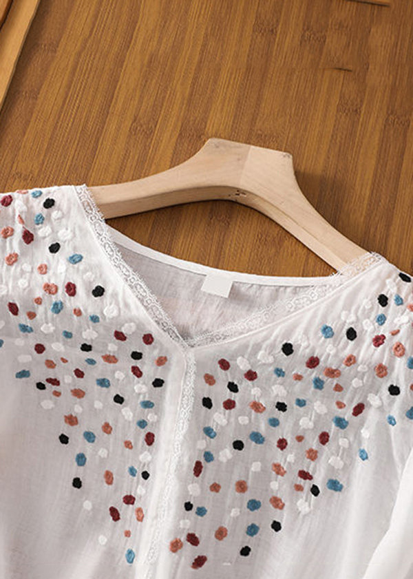 White Embroideried Patchwork Lace Linen Shirt Short Sleeve