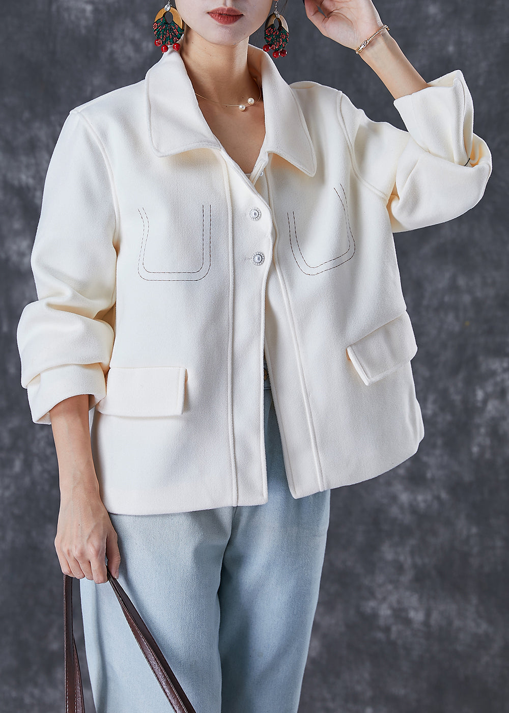 White Embroidered Woolen Coat Fall