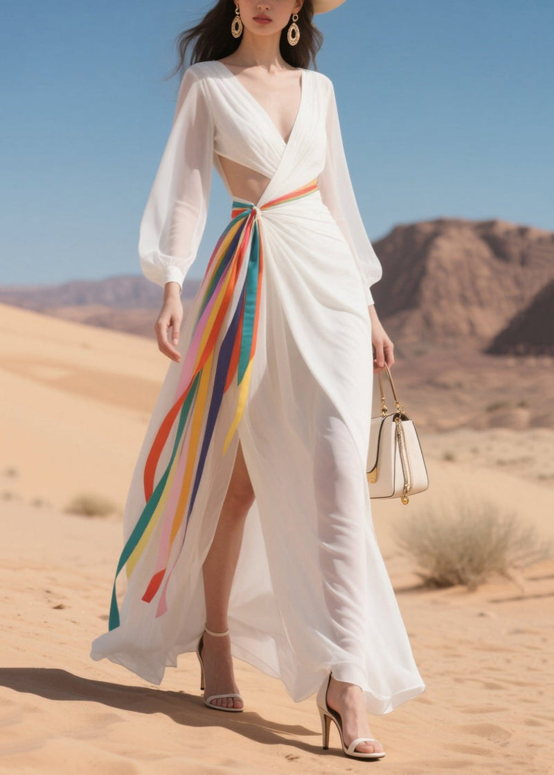 White Hollow Out Multicolour Ribbon Chiffon Robe Dresses Summer