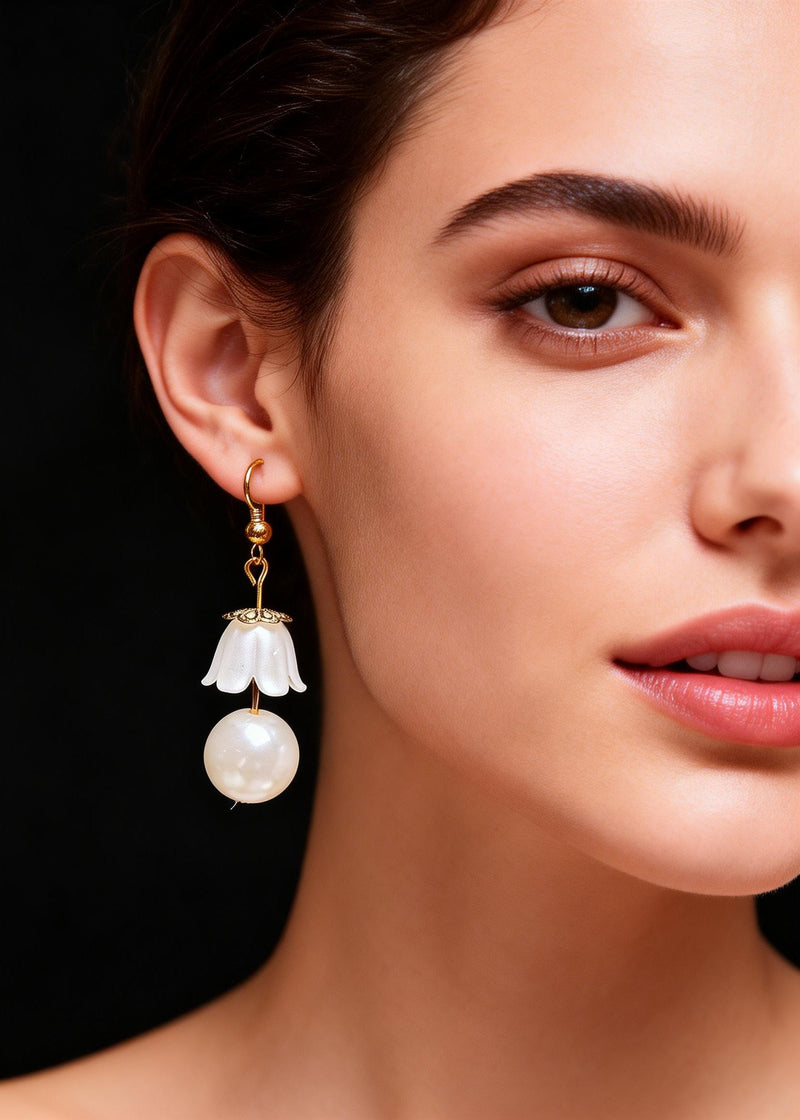 White Lily of the Valley Pearl Drop Earrings
