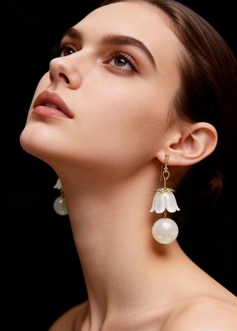White Lily of the Valley Pearl Drop Earrings