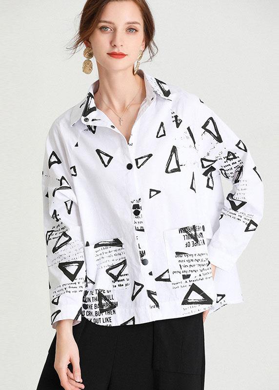 Fashion White Loose Fashion Print Fall Cotton Long Sleeve Shirt Top